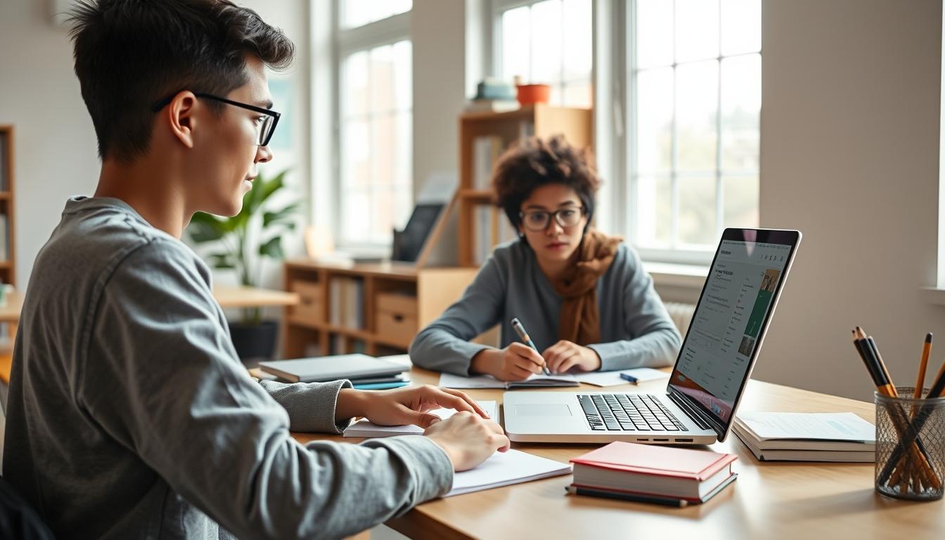 Student using a study guide to organize academic notes